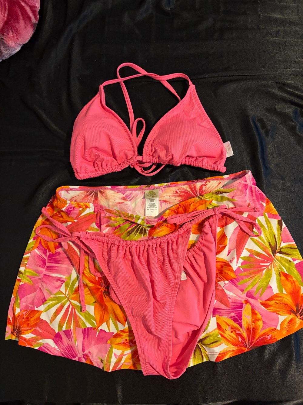 Islander Pink Triangle Bikini Set with Floral Swim Skirt